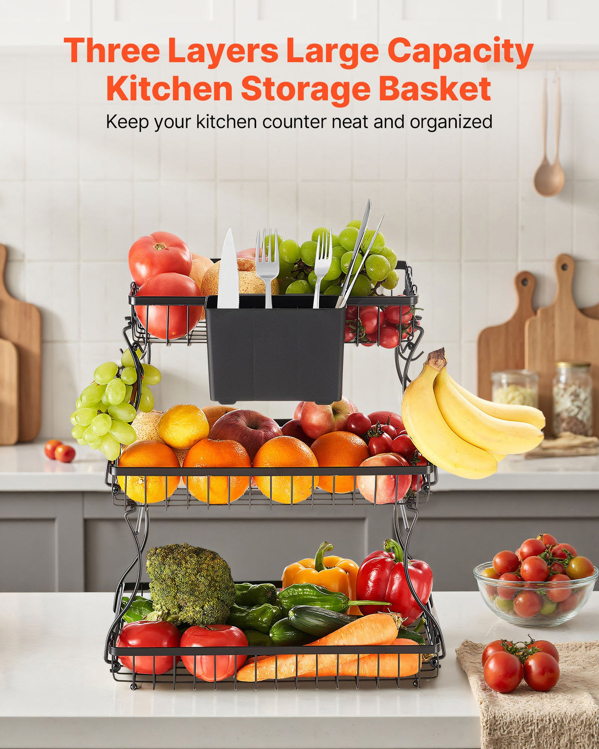3-Tier Fruit Basket with Banana Hanger, Black - image 4