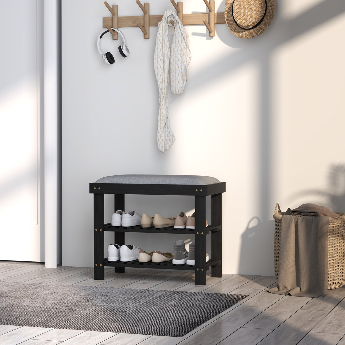 Bamboo Shoe Bench with Cushion, 2 Shelves, Black - image 6