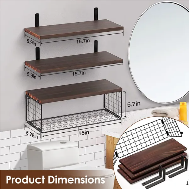 Wall Floating Shelves with Wire Basket, Rustic Brown - image 4