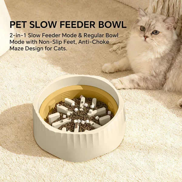 2-in-1 Cat Slow Feeder Bowl, White