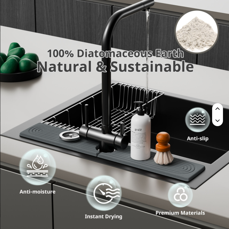 Diatomite Sink Faucet Drying Mat, Light Grey