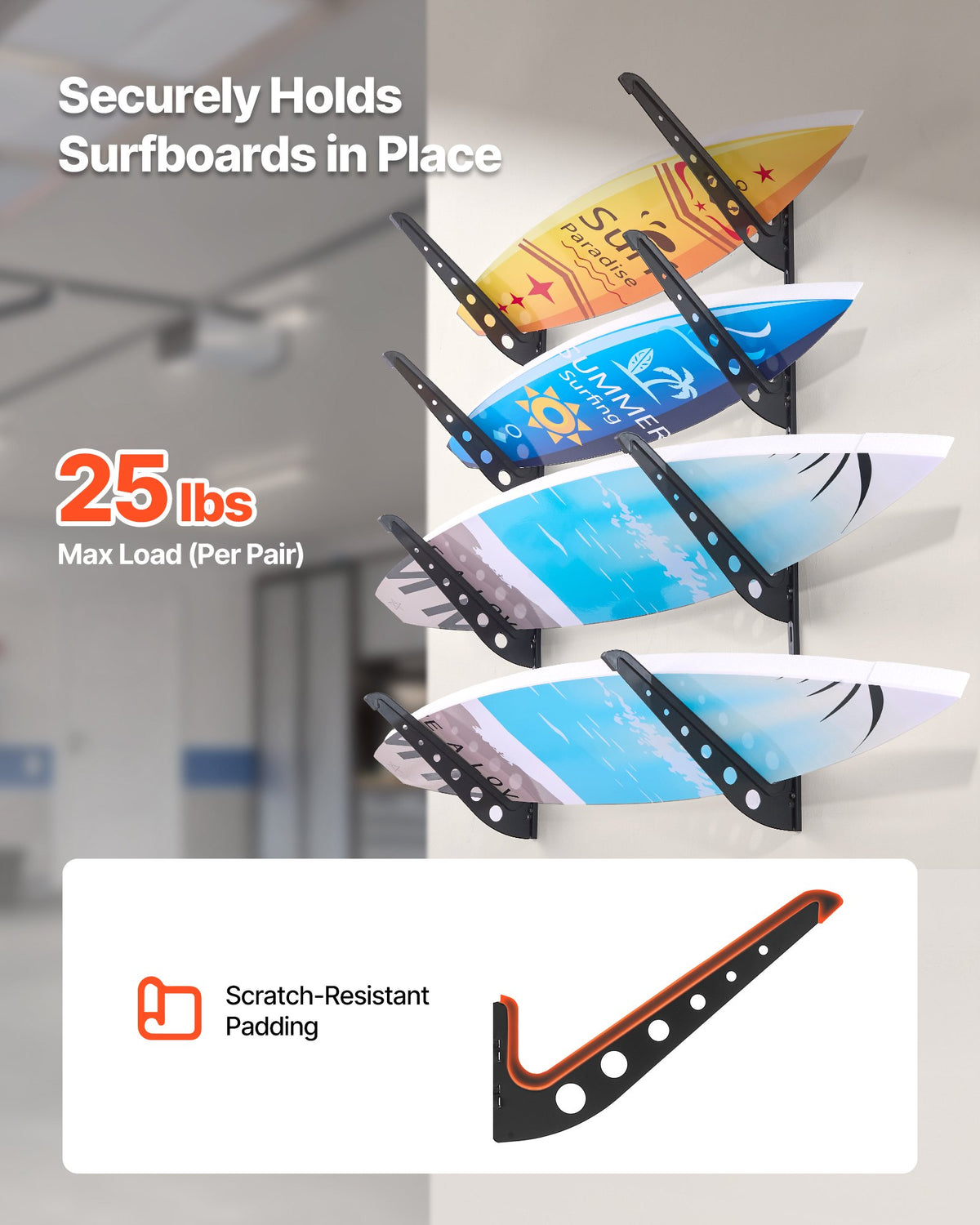 Surfboard Wall Rack, 4 Tier, Adjustable