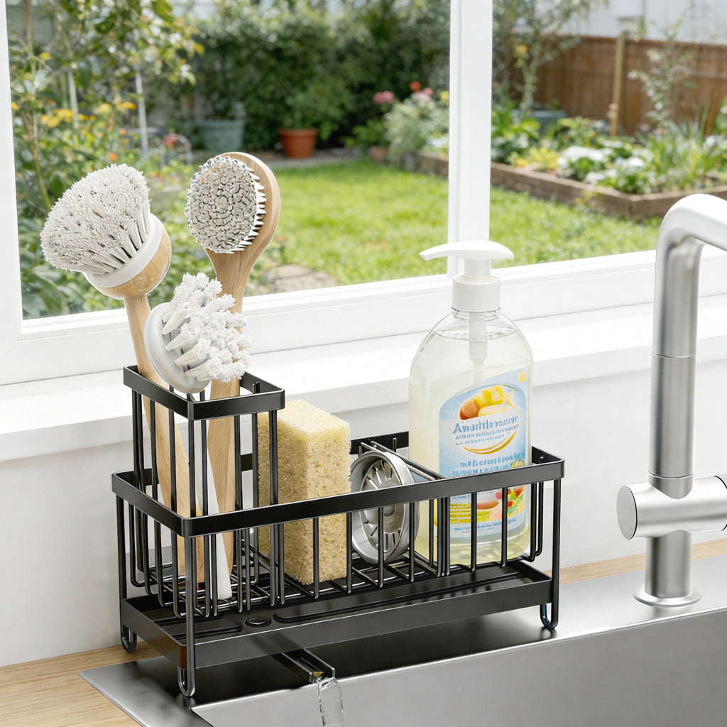 Kitchen Sink Caddy with Sponge and Brush Holder, Black - image 2