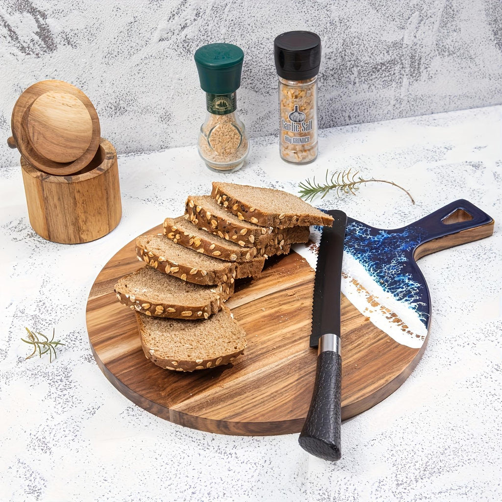 Round Acacia Wood Cutting and Serving Board, Blue Resin Accent - image 5