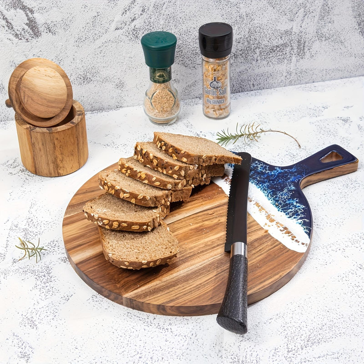 Round Acacia Wood Cutting and Serving Board, Blue Resin Accent - image 5