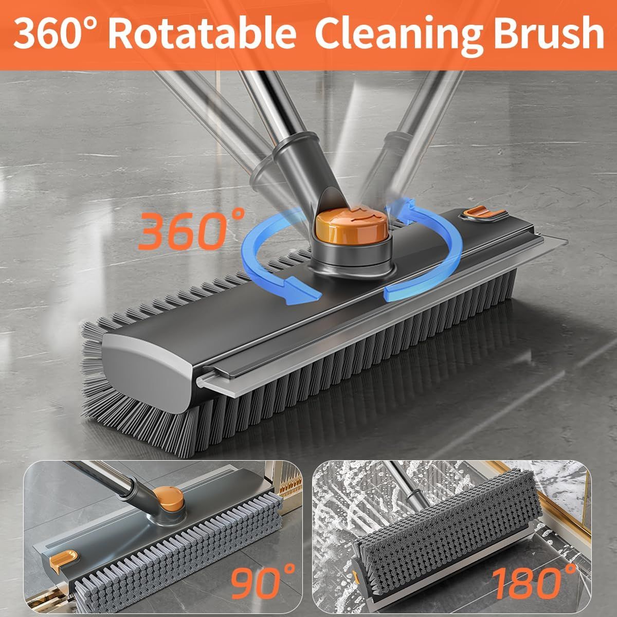 Floor Scrub Brush with Squeegee and Long Handle, Grey - image 6