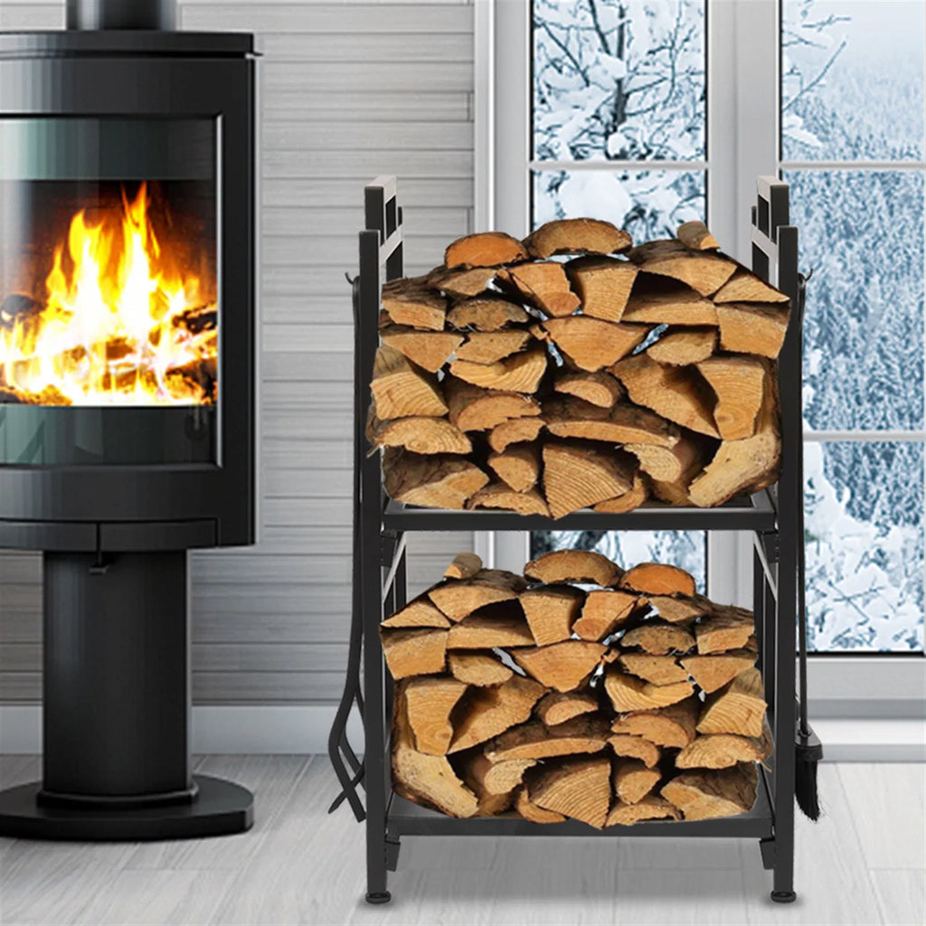 2-Tier Firewood Rack, Deer and Tree Design, Black