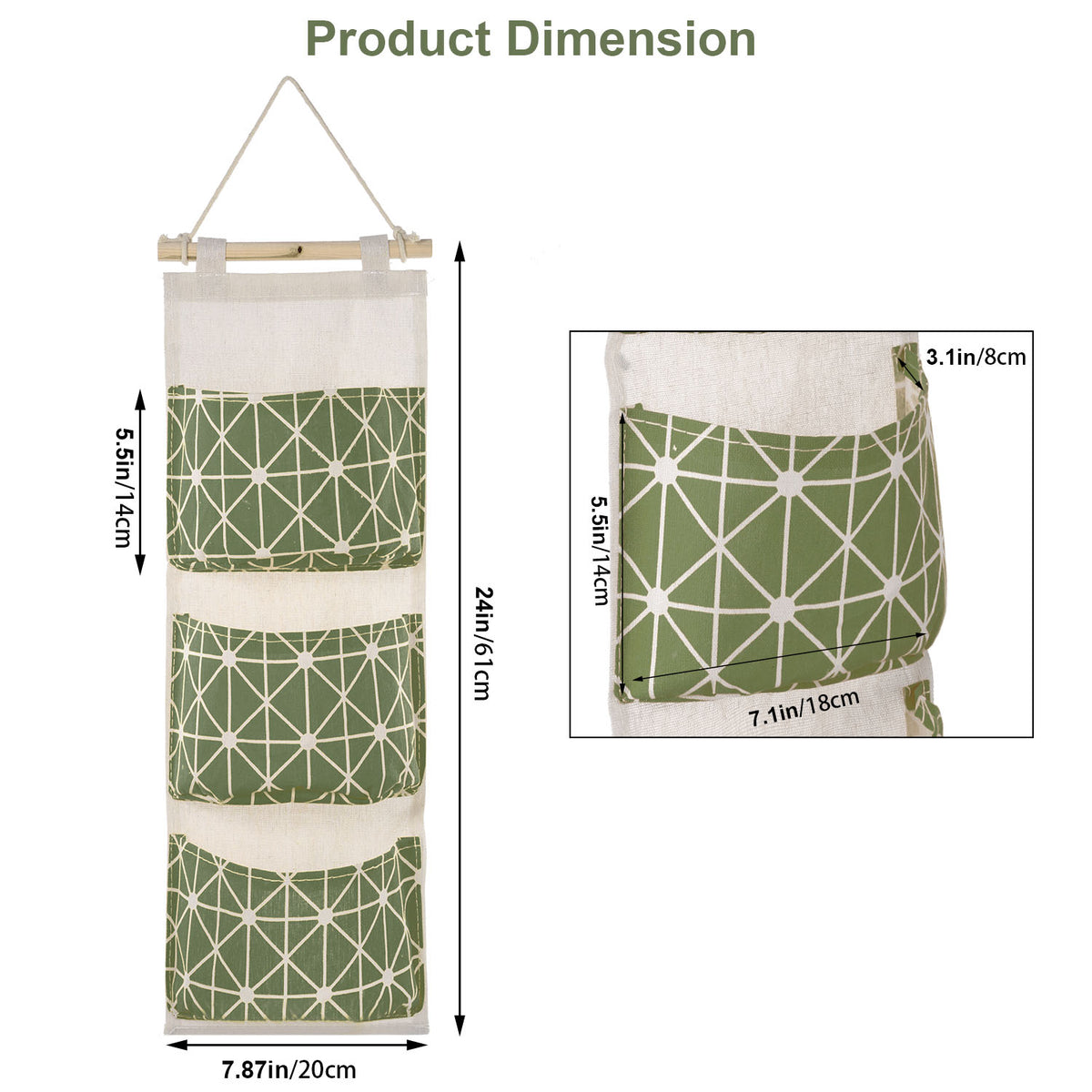 Wall Hanging Storage Organizer, 3 Pockets, Green - image 5