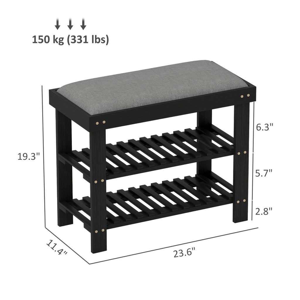 Bamboo Shoe Bench with Cushion, 2 Shelves, Black - image 3