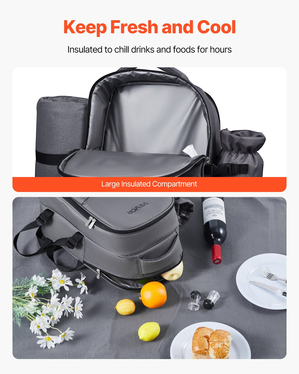 2-Person Picnic Backpack with Cooler, Grey - image 3