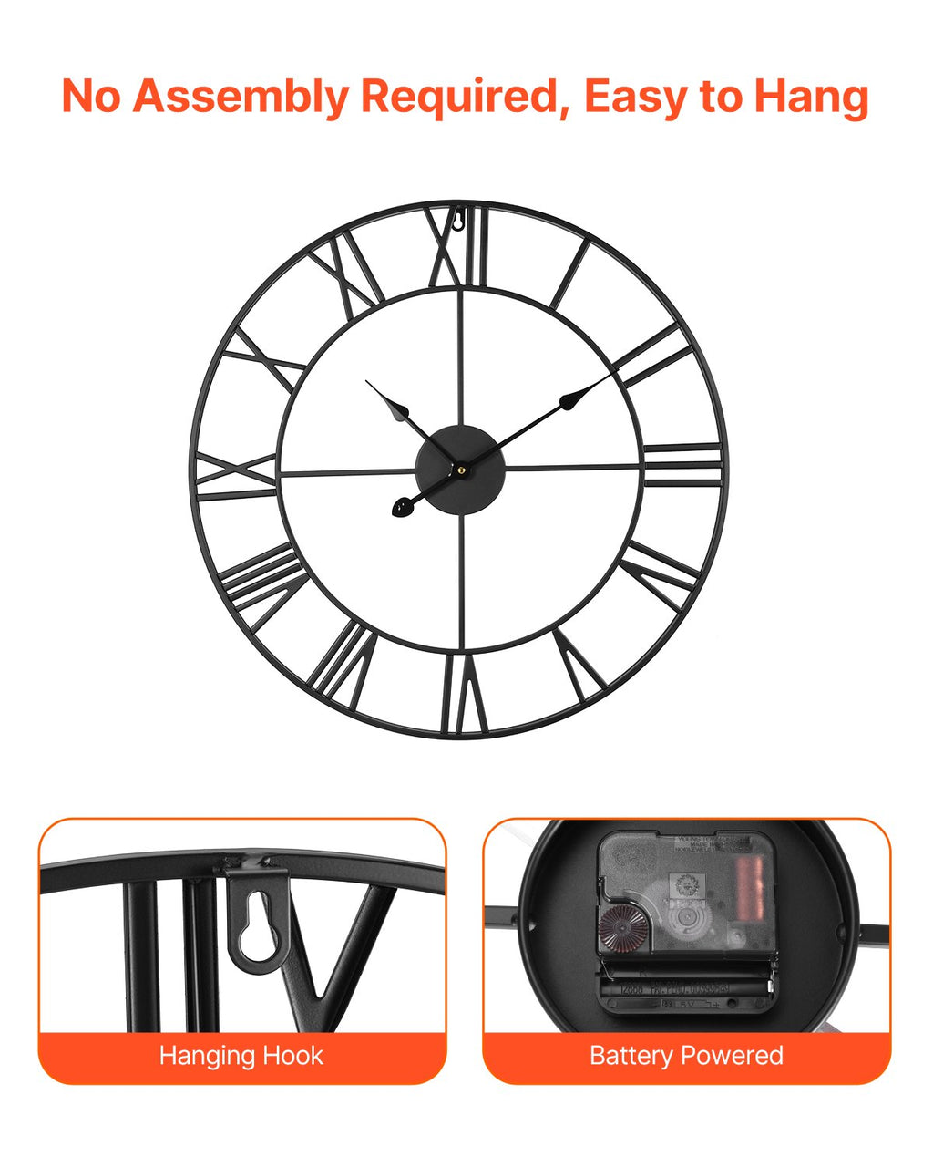 Large Roman Numeral Wall Clock, 24 Inch, Black - image 4