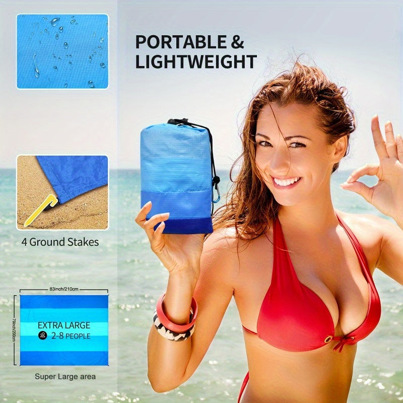 Extra Large Beach Blanket with Stakes, Blue Stripe - image 7