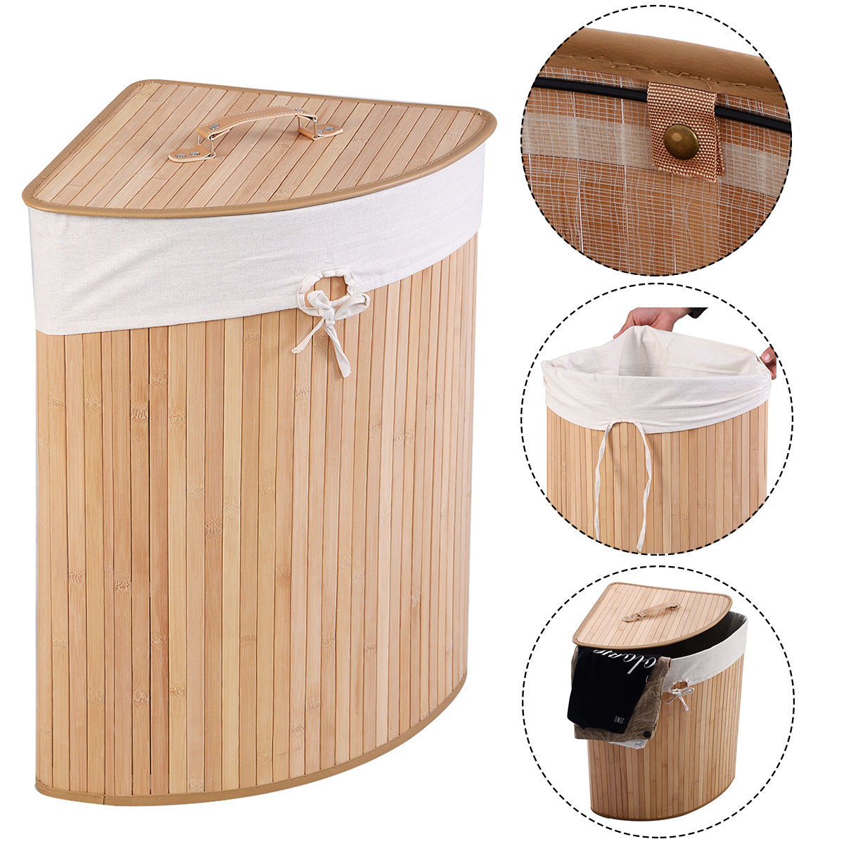 Corner Bamboo Laundry Hamper with Lid, Natural