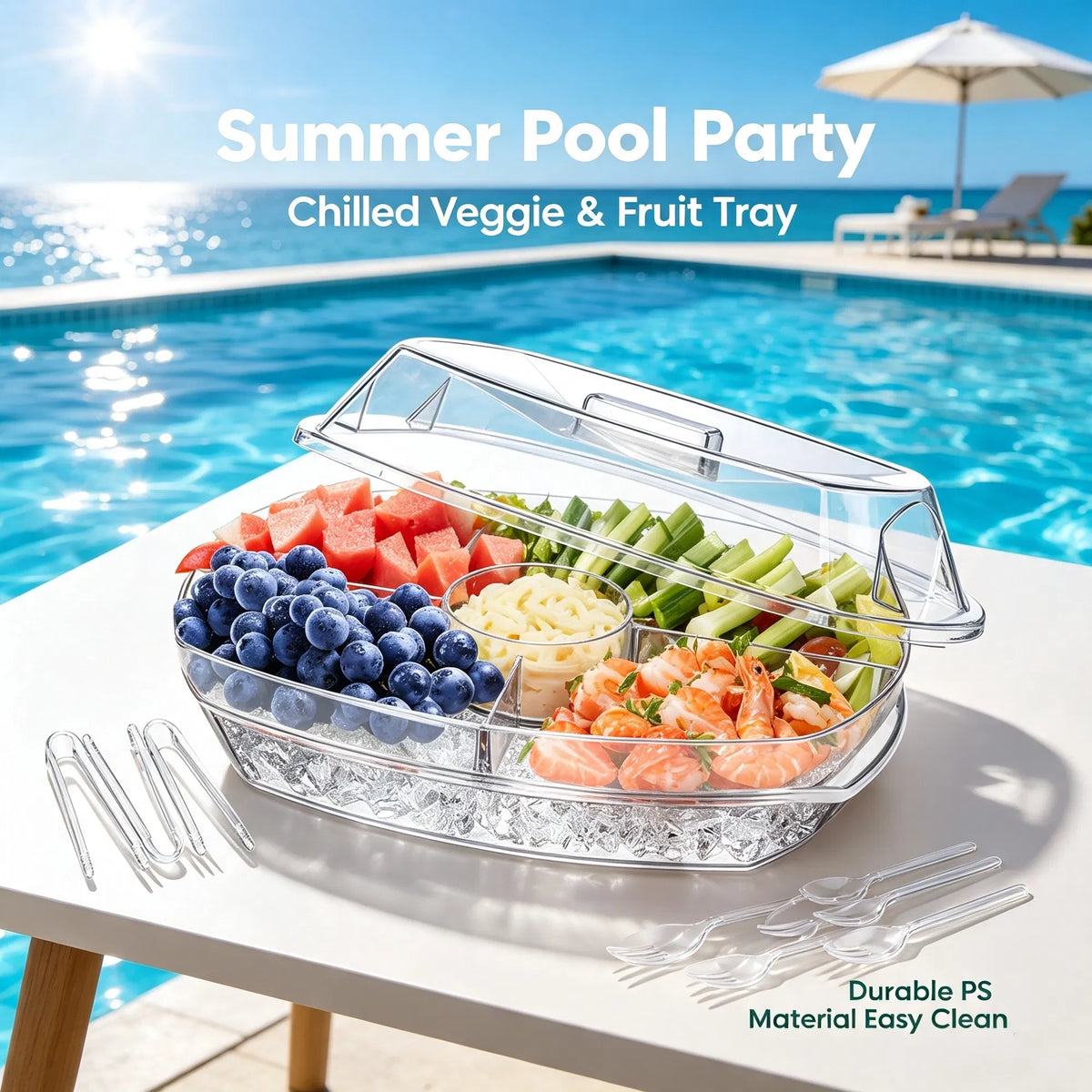 Chilled Serving Platter with Ice Tray and Lid, Divided