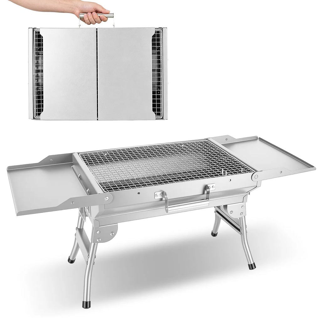 Foldable Charcoal Grill with Side Shelves, Stainless