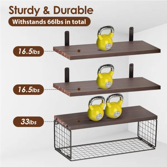 Wall Floating Shelves with Wire Basket, Rustic Brown