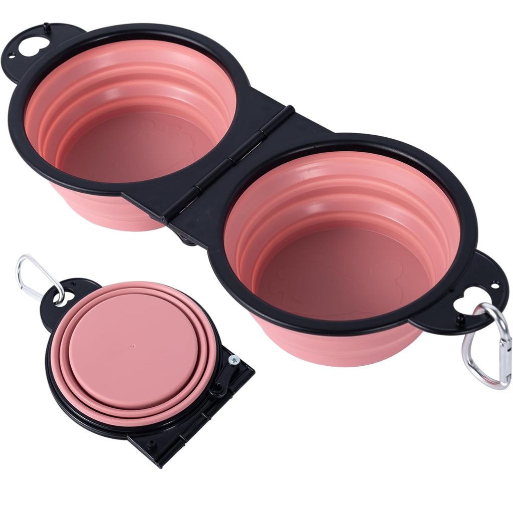 Collapsible Double Dog Travel Bowl, Pink