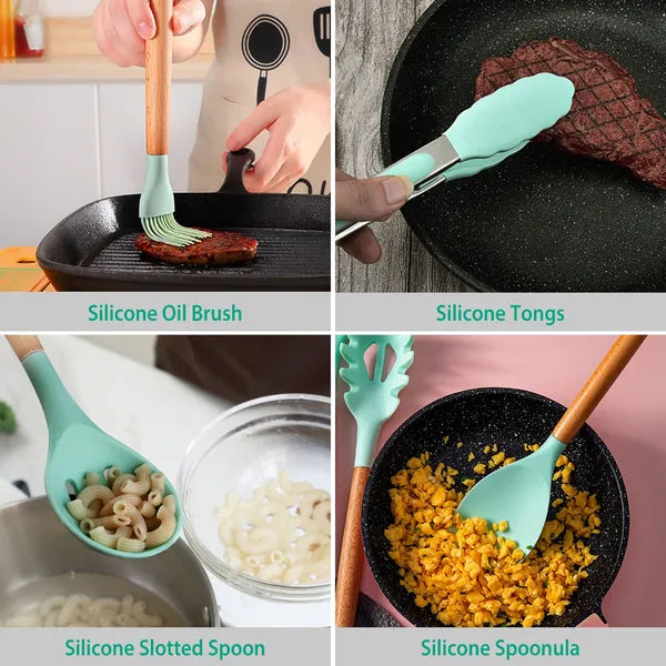 Silicone Cooking Utensil Set with Wood Handles, 11 Pieces, Light Green - image 3