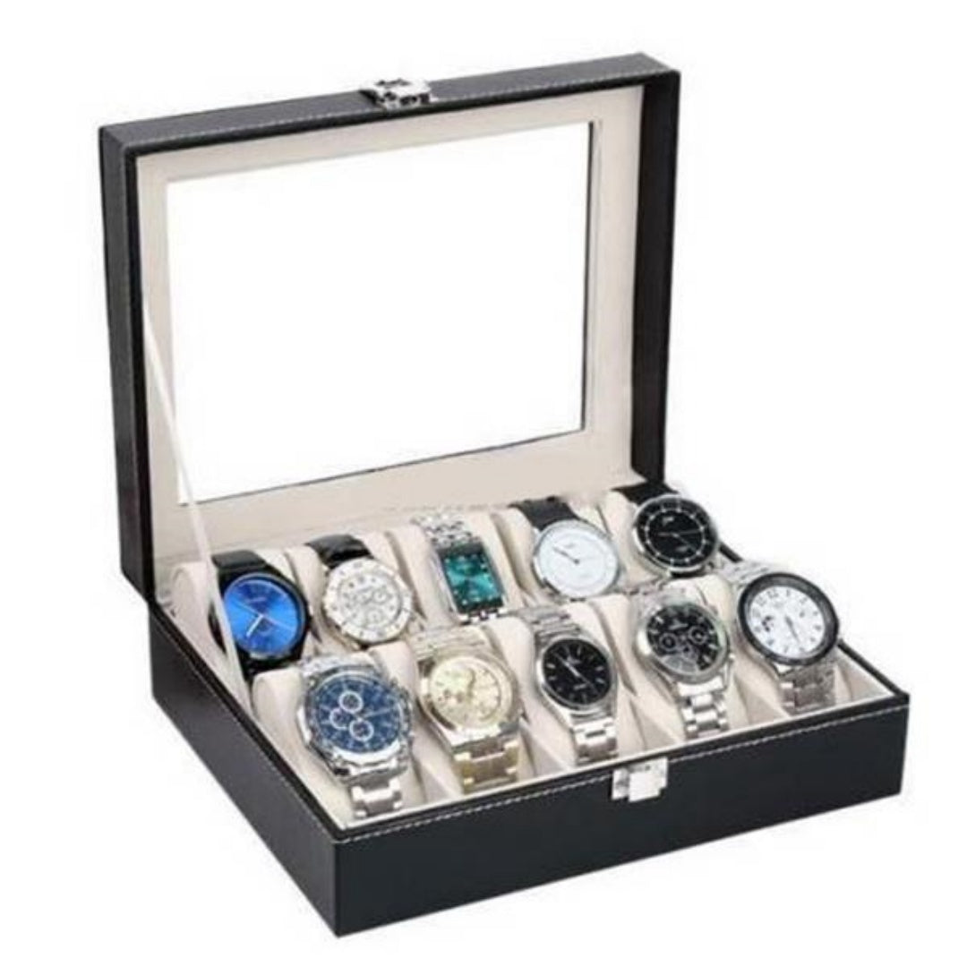 Watch Box with Glass Lid, 10 Slots, Black