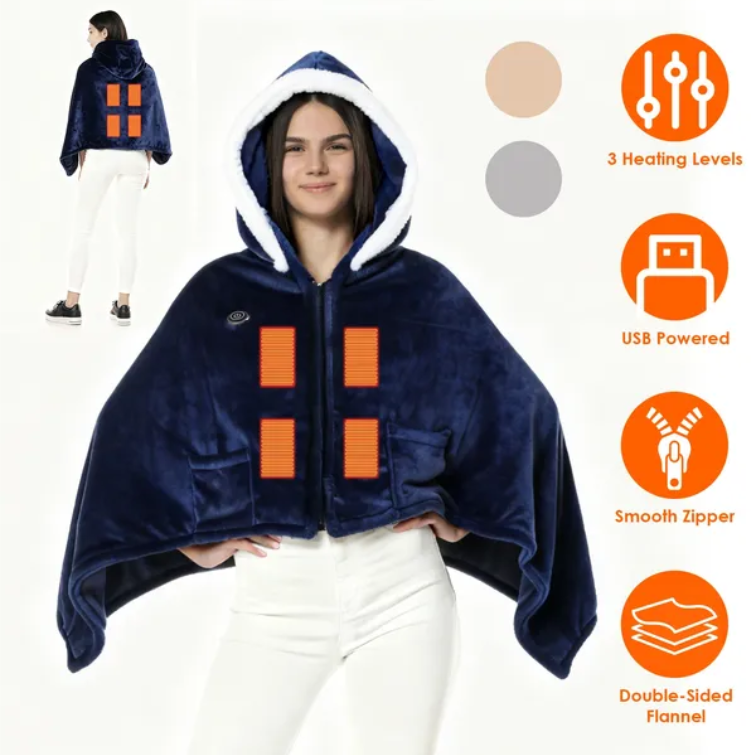Wearable Heated Throw Blanket, Double-Sided Flannel, Grey - image 3