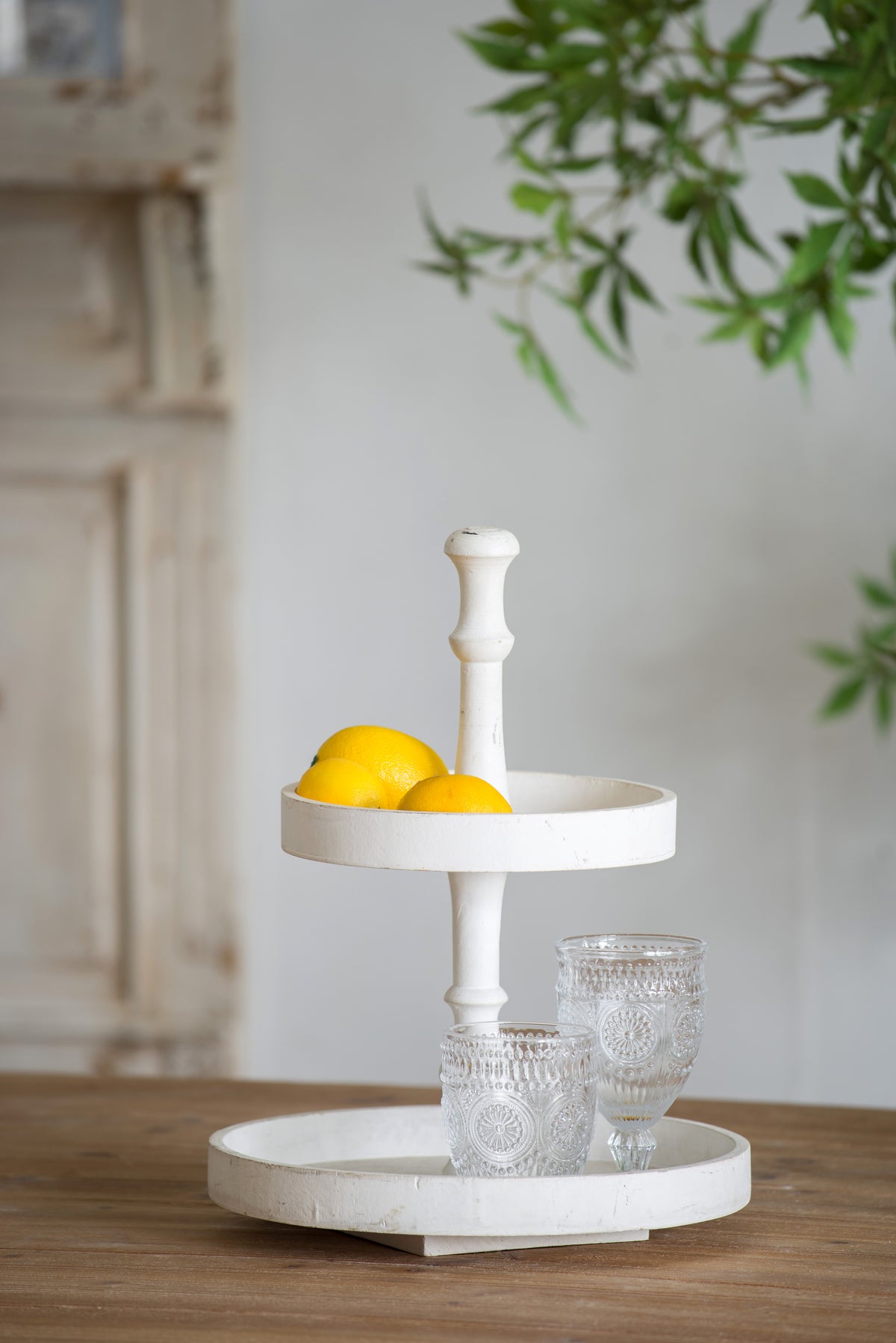 Two-Tier Round Wood Tray, White