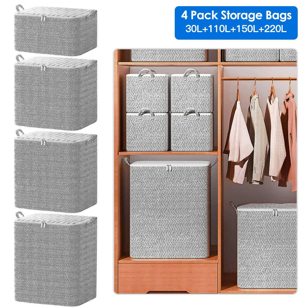 Clothes Storage Bags with Lids, 4 Sizes, Grey