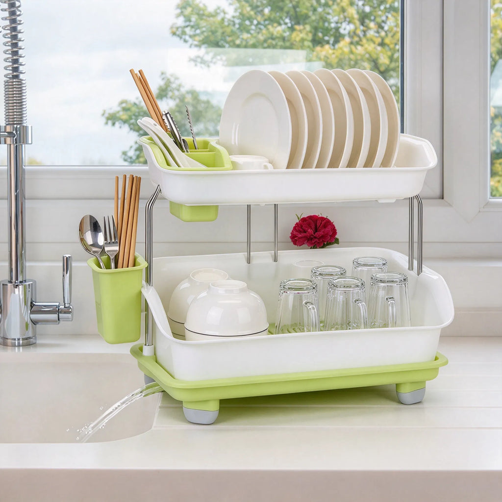 2-Tier Countertop Dish Rack with Drain Tray and Cutlery Holder - image 5