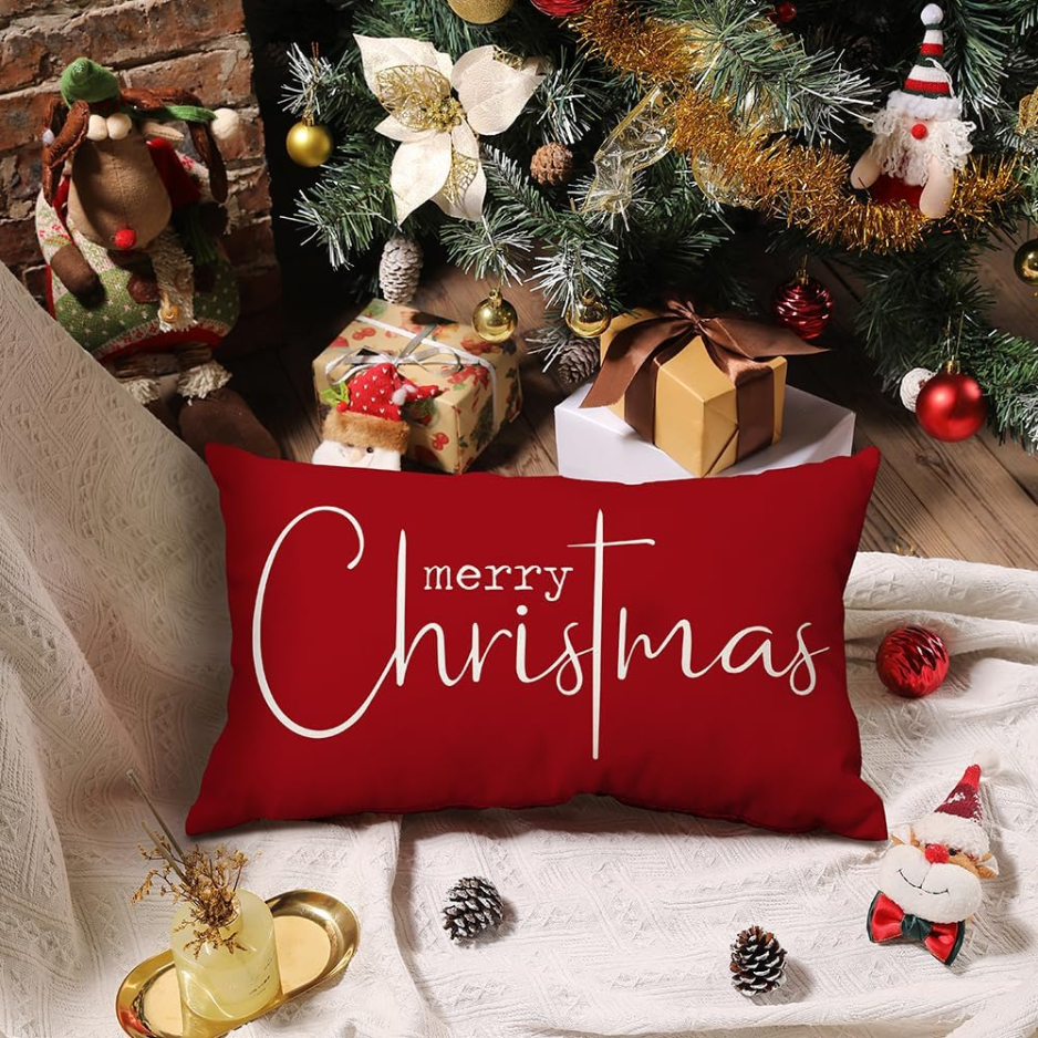 Merry Christmas Lumbar Pillow Cover, Red, 12 x 20 in