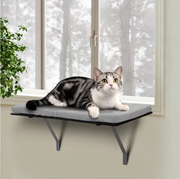 Cat Window Perch Shelf with Cushion, Black and Grey - image 7