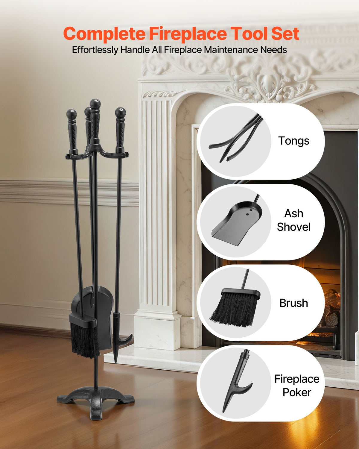 Fireplace Tool Set, 4 Piece with Stand