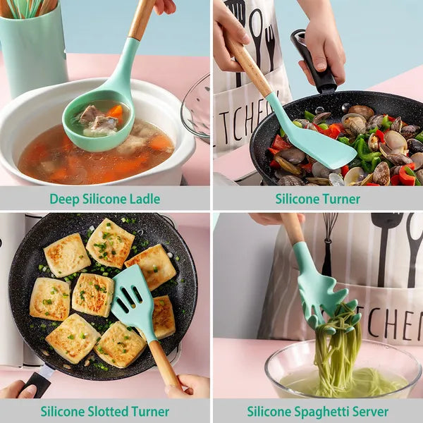 Silicone Cooking Utensil Set with Wood Handles, 11 Pieces, Light Green - image 4