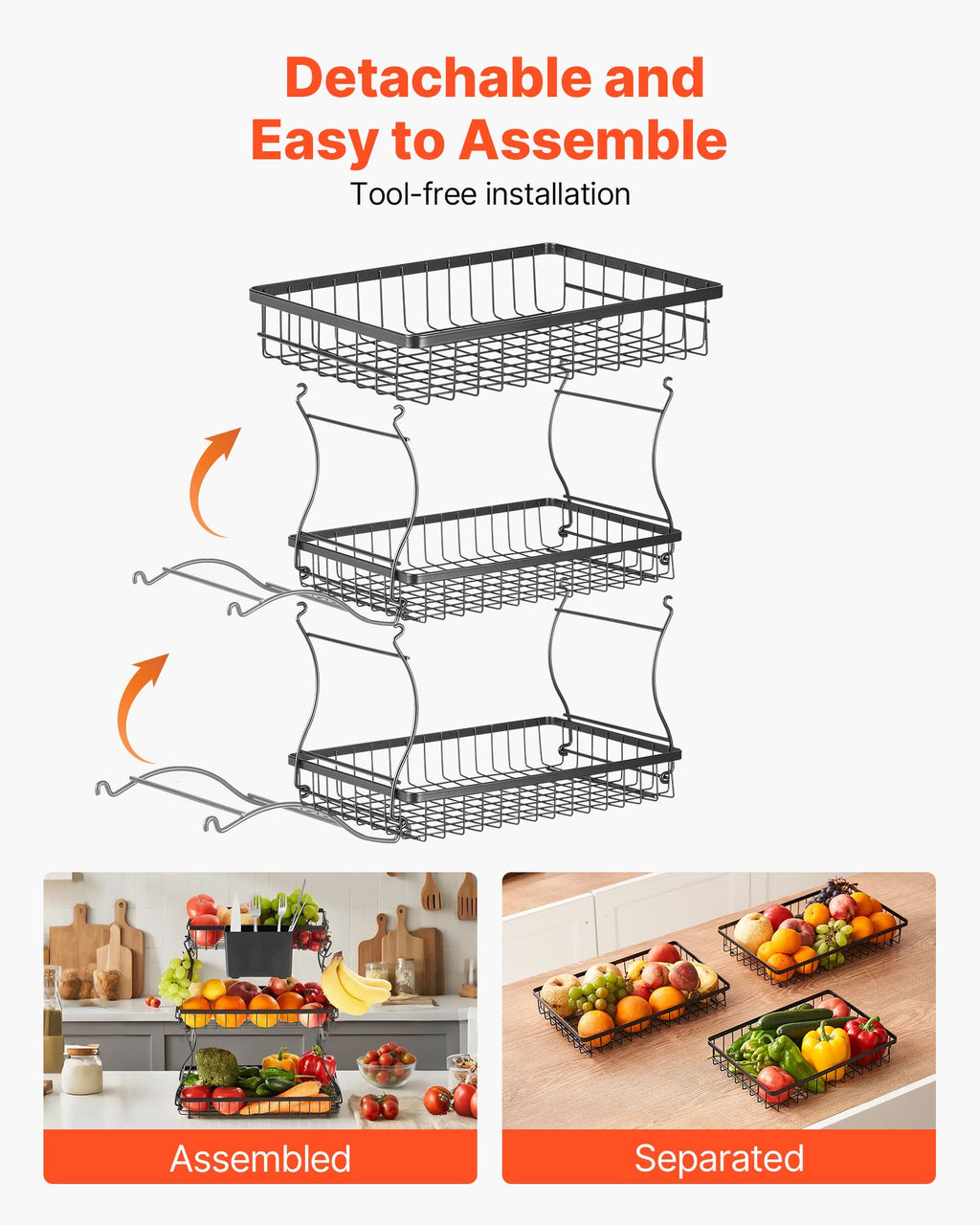 3-Tier Fruit Basket with Banana Hanger, Black - image 2