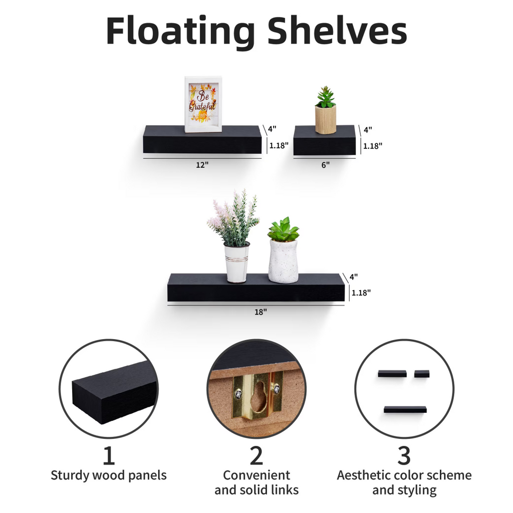 Floating Wall Shelves, Set of 3, Marble Look - image 2