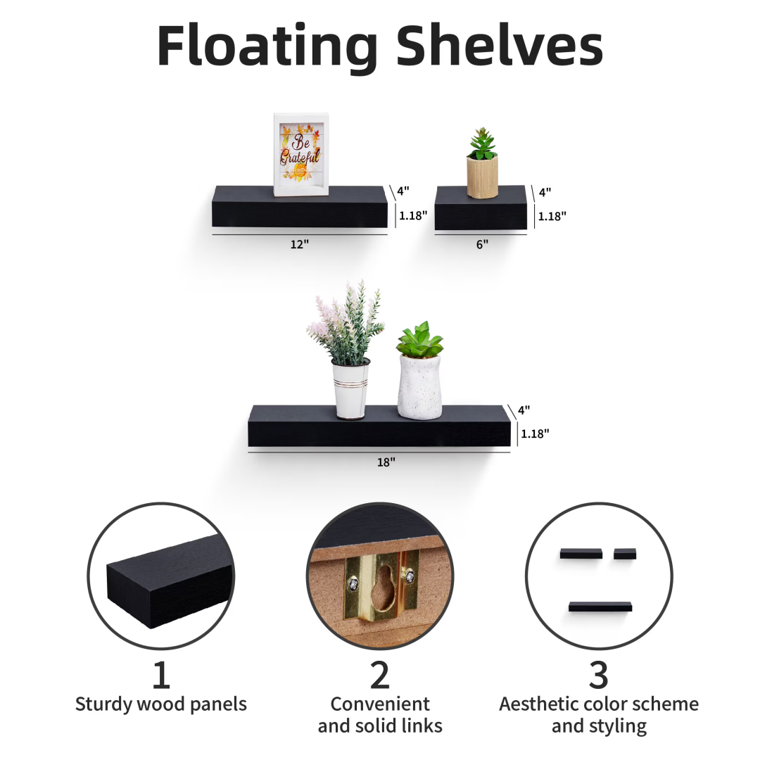 Floating Wall Shelves, Set of 3, Marble Look - image 2
