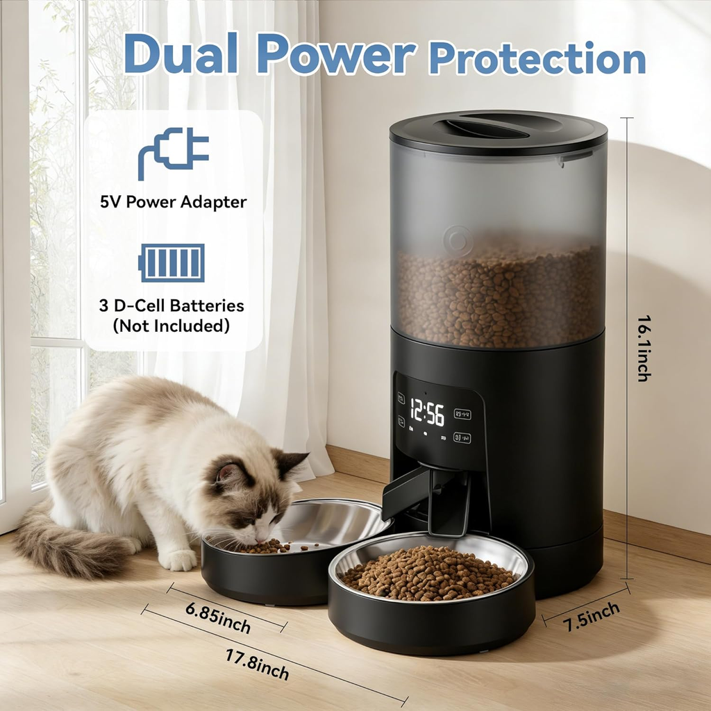Automatic Pet Feeder, 6 L, Dual Stainless Bowls