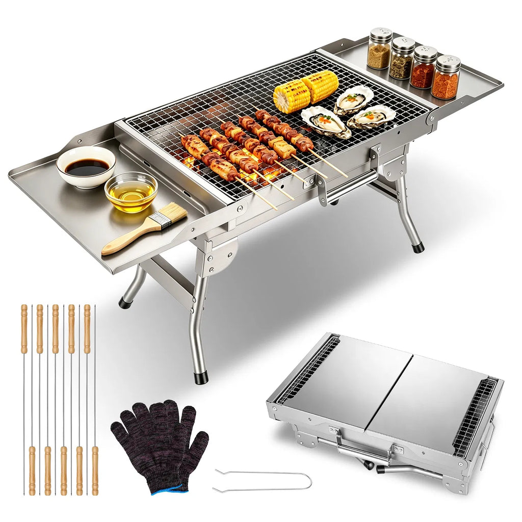 Foldable Charcoal Grill with Side Shelves, Stainless - image 3