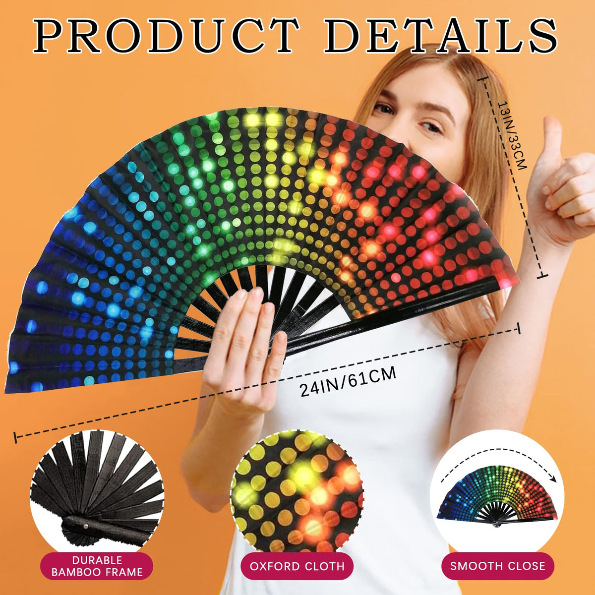 Large Folding Bamboo Hand Fan, Polka Dots - image 2