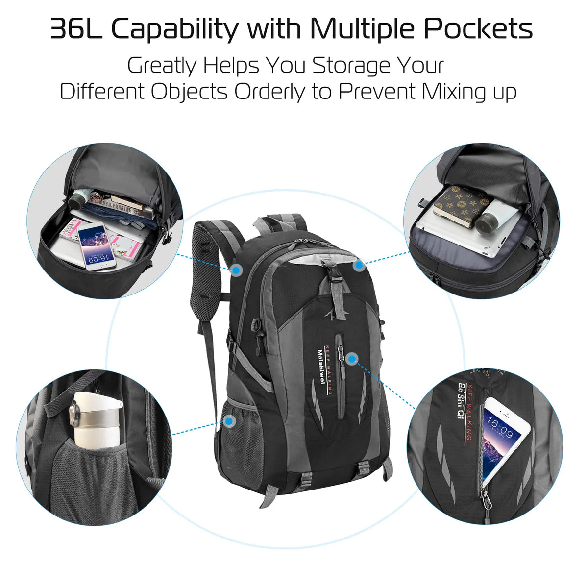 36L Water-Resistant Hiking Backpack, Black - image 2