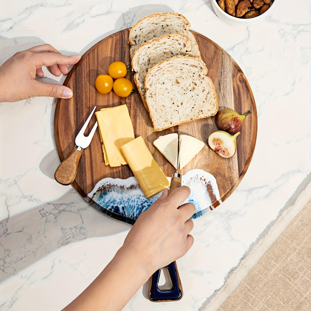Round Acacia Wood Cutting and Serving Board, Blue Resin Accent - image 2
