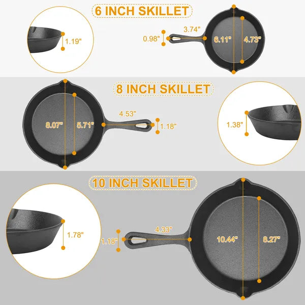 Pre-Seasoned Cast Iron Skillet Set, 6, 8 and 10 in - image 5