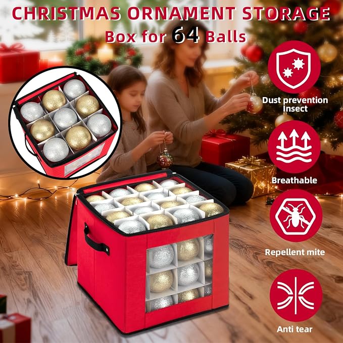 Christmas Ornament Storage Box, Holds 64, Red - image 2
