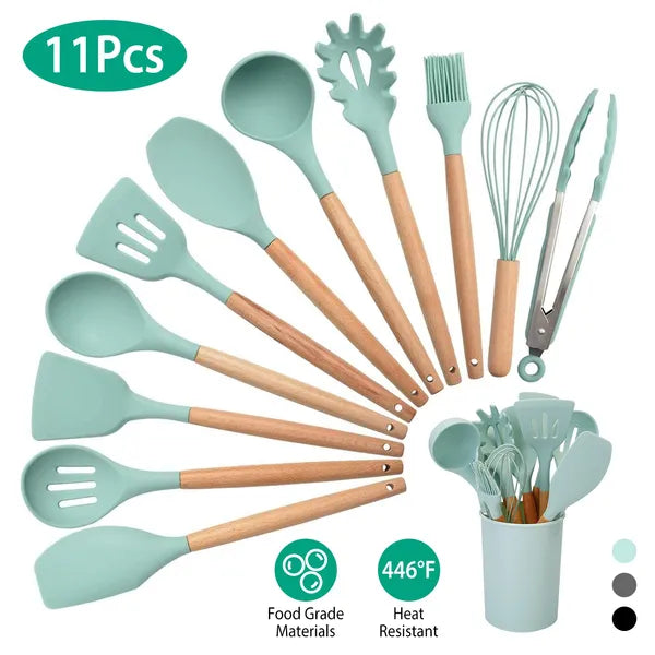 Silicone Cooking Utensil Set with Wood Handles, 11 Pieces, Light Green - image 5