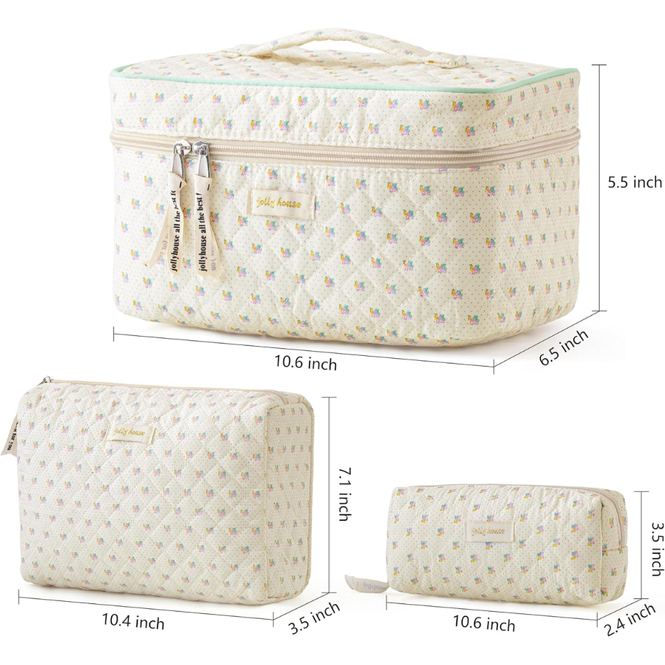 Quilted Makeup Bag Set, 3 Piece, White - image 5