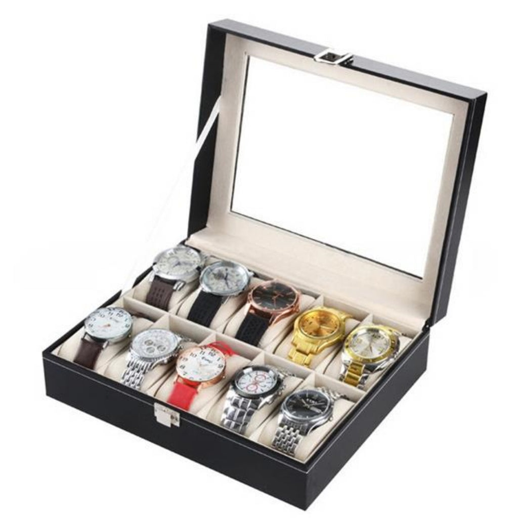 Watch Box with Glass Lid, 10 Slots, Black - image 7