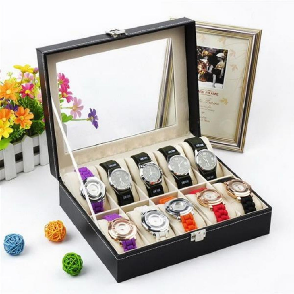 Watch Box with Glass Lid, 10 Slots, Black - image 6