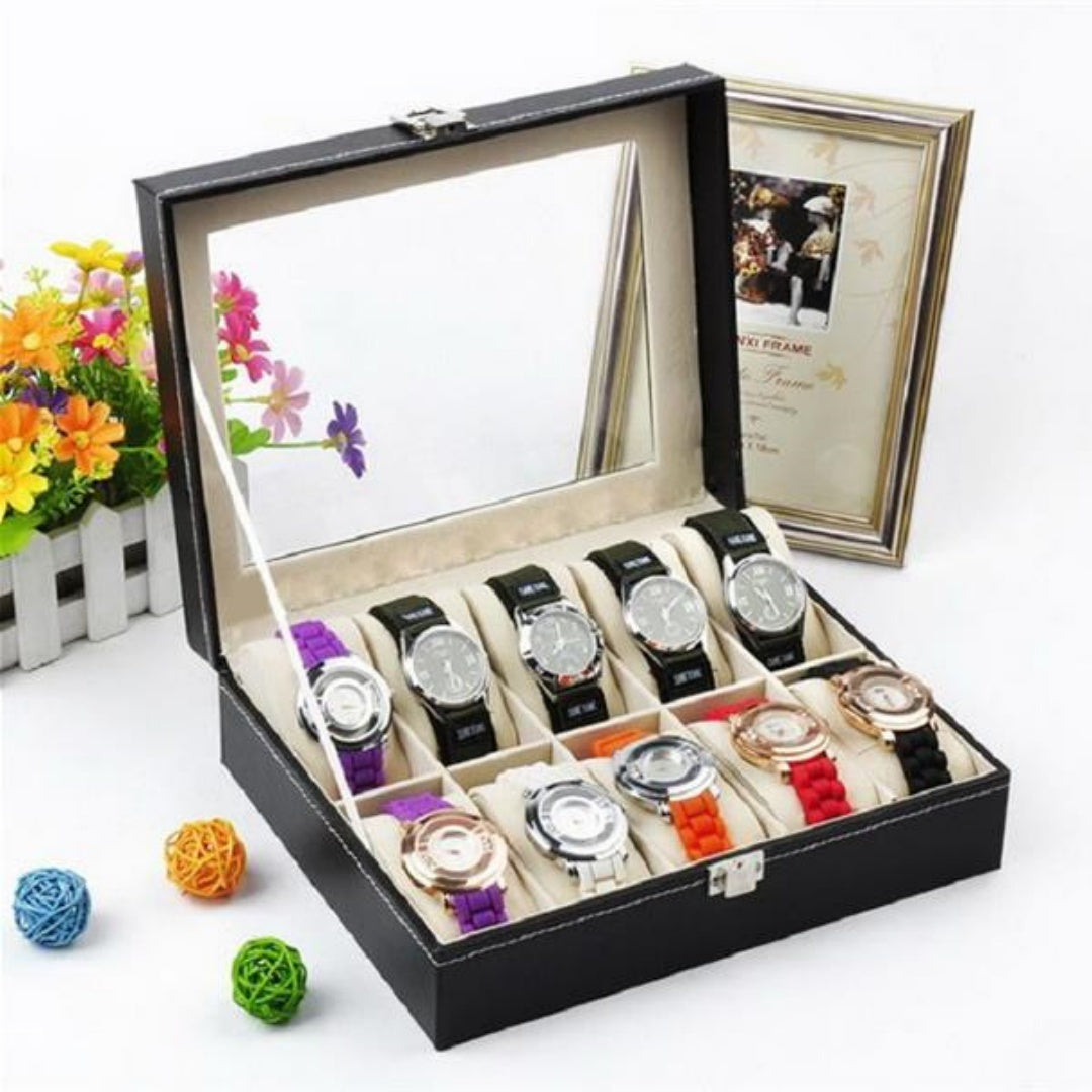 Watch Box with Glass Lid, 10 Slots, Black - image 6