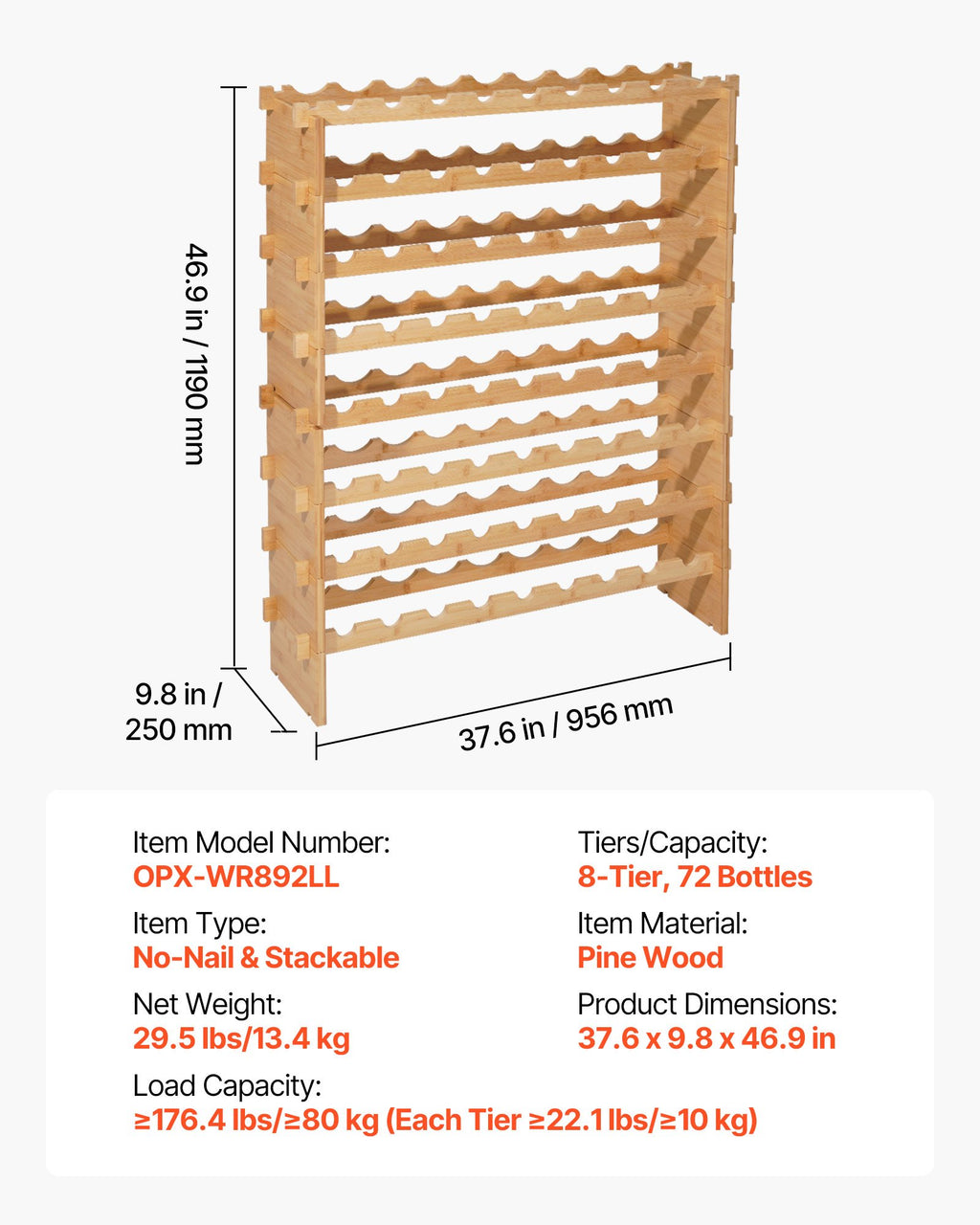 Freestanding Wine Rack, 8 Tier, 72 Bottles - image 2