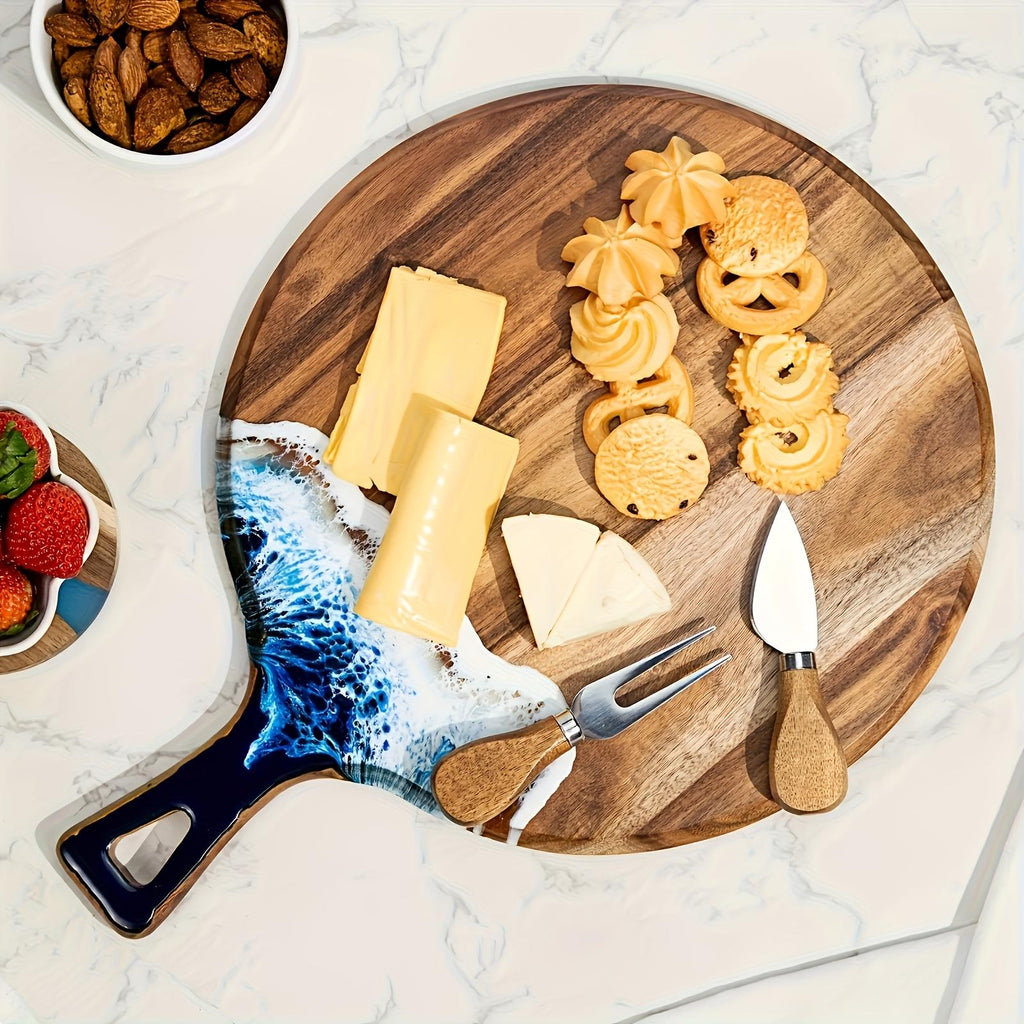 Round Acacia Wood Cutting and Serving Board, Blue Resin Accent - image 4