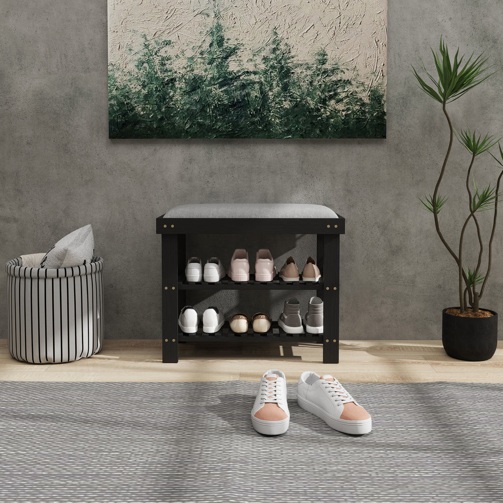 Bamboo Shoe Bench with Cushion, 2 Shelves, Black - image 2