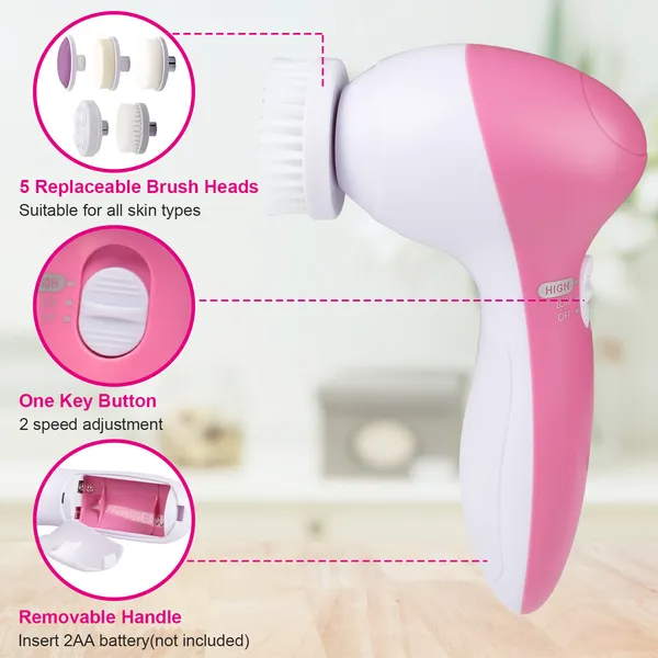 Facial Cleansing Spin Brush with 5 Heads, Pink